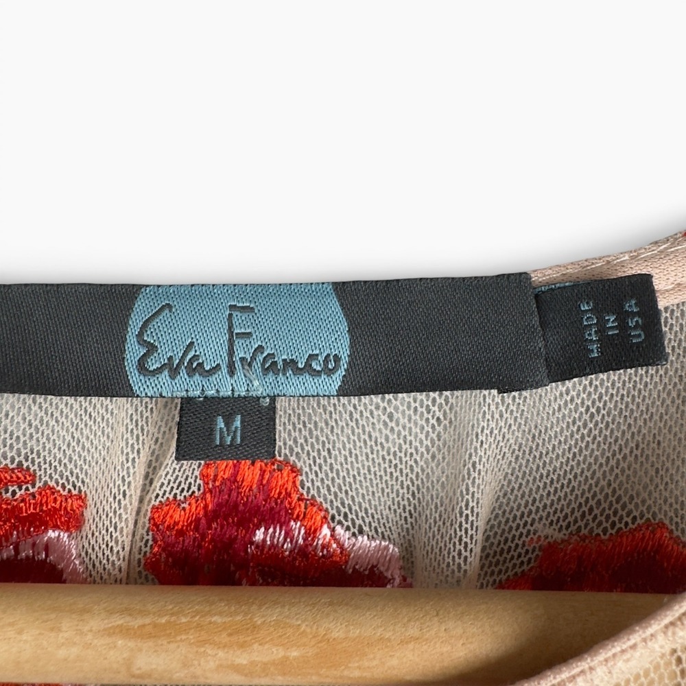 Eva Franco Cheetah Rose Mesh Blouse M Tan Red Embroidered Tie Cuff Art to Wear - Picture 5 of 9